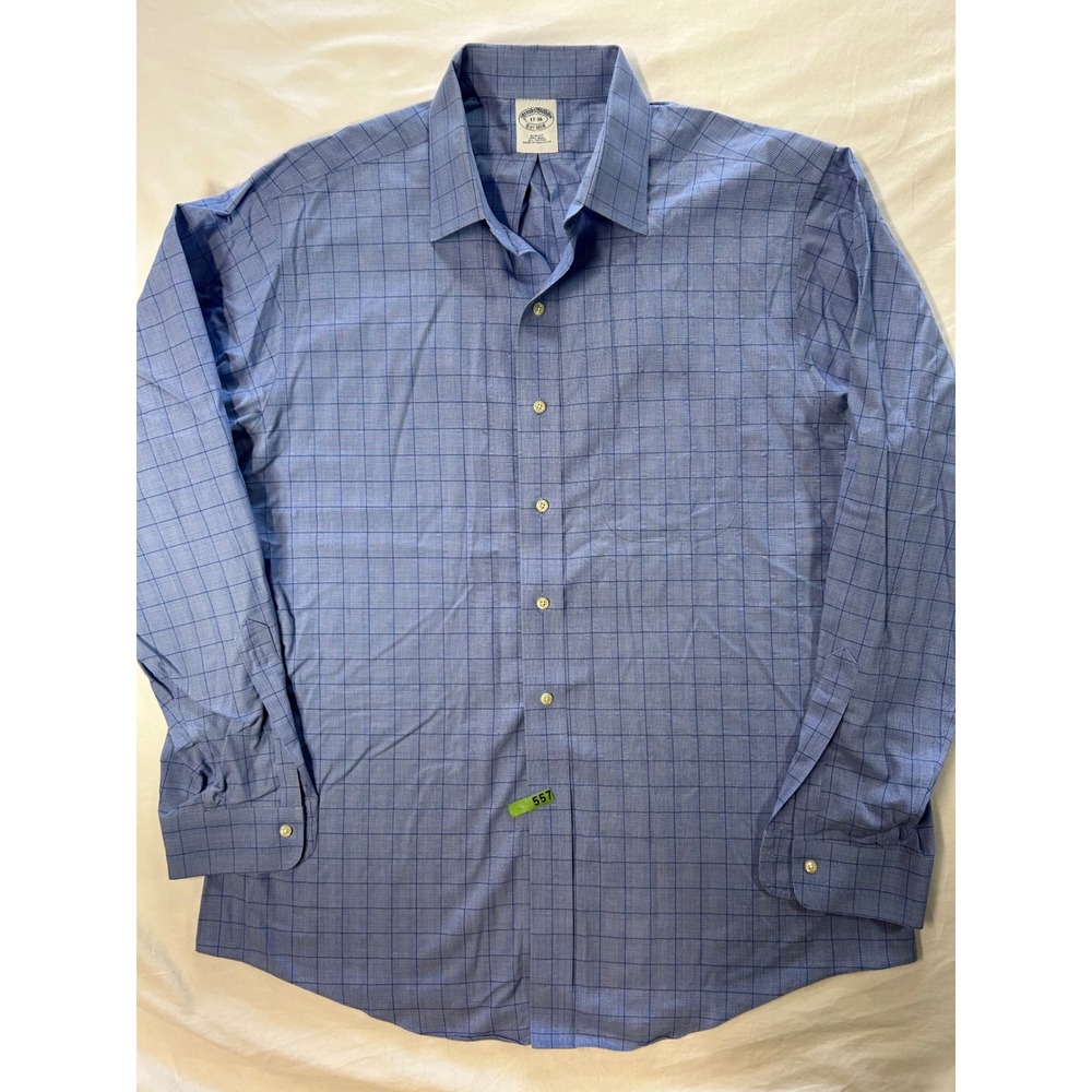 Brooks Brothers Non-Iron Dress Shirt Mens 17-36 Slim Fit Blue Glen Plaid Check